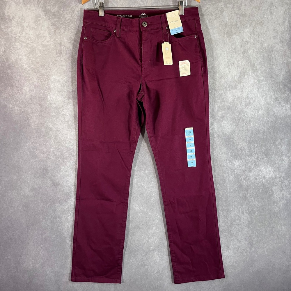 St. John's Bay Straight Leg Pants Womens 12 Chianti Burgundy Tummy Control NEW